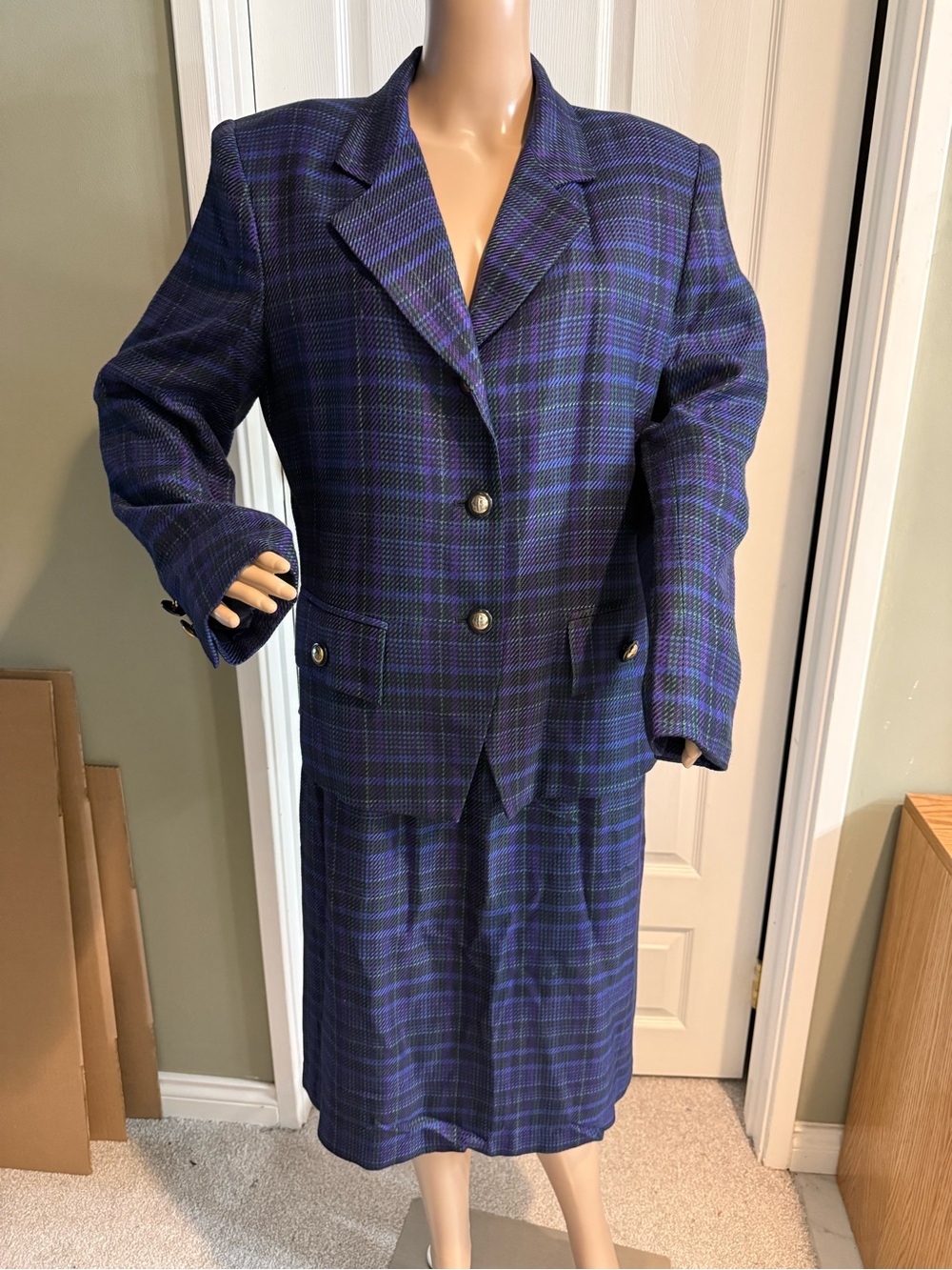 Vintage Stirling Cooper 2 Pc Suit Skirt Set 12 Blue Purple Plaid Gold Buttons